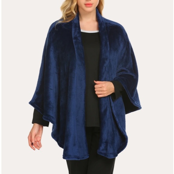 EKOUAER High quality flannel poncho blue velour O/S - Picture 4 of 5
